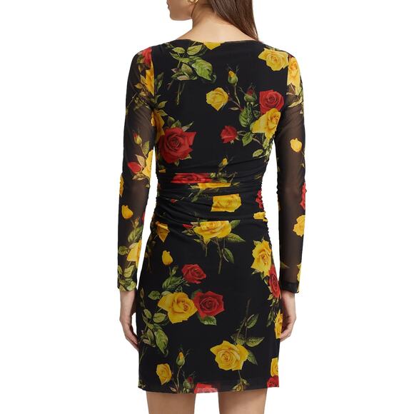 $495 L'AGENCE REINER FLORAL ROSES FAUX WRAP BLACK LONG STRETCH MINI DRESS SZ 0 - Picture 3 of 5